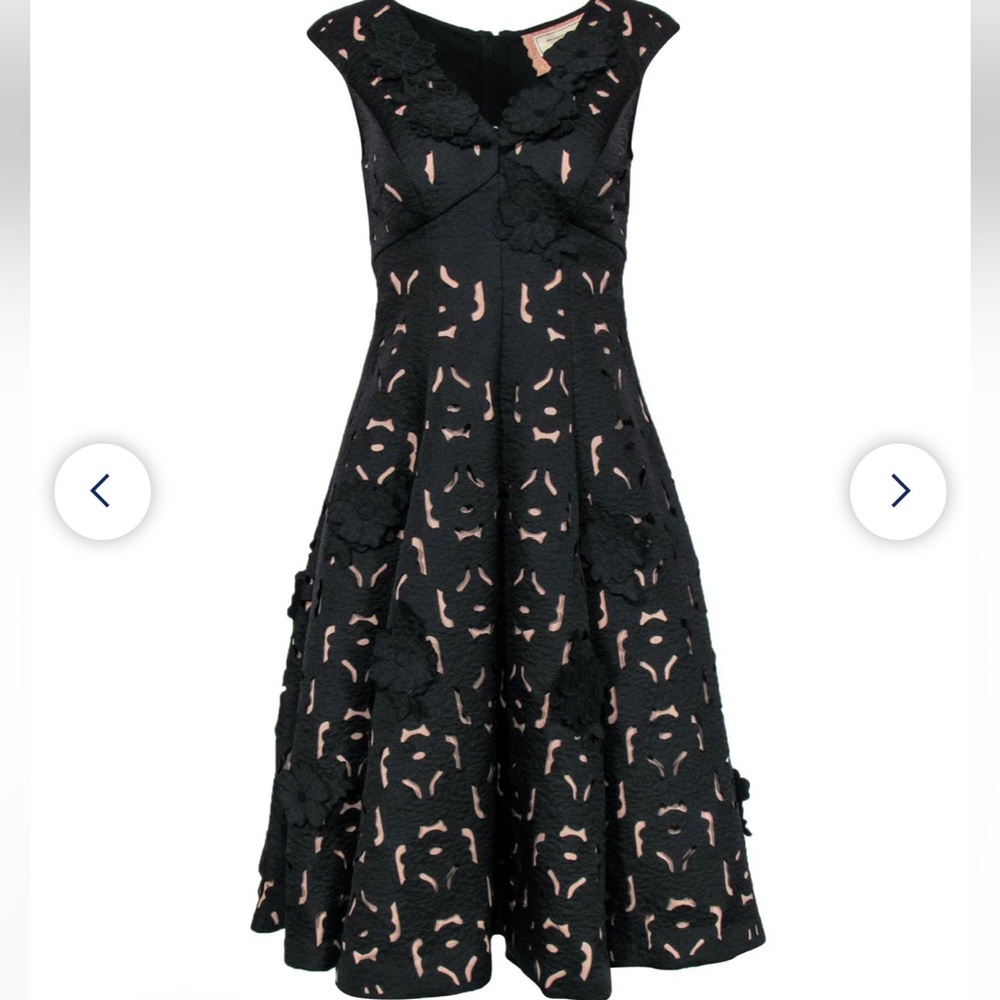 Moulinette Soeurs  Black Floral Applique Midi A-Line Dress Sz 6 Wedding Gala